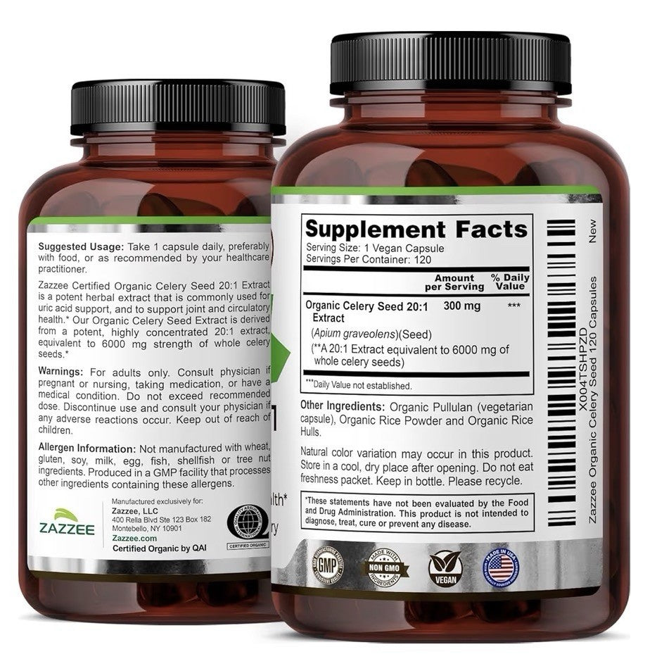 Zazzee Organic Celery Seed Uric Acid Support Joint Health Circulatory 120Capsule