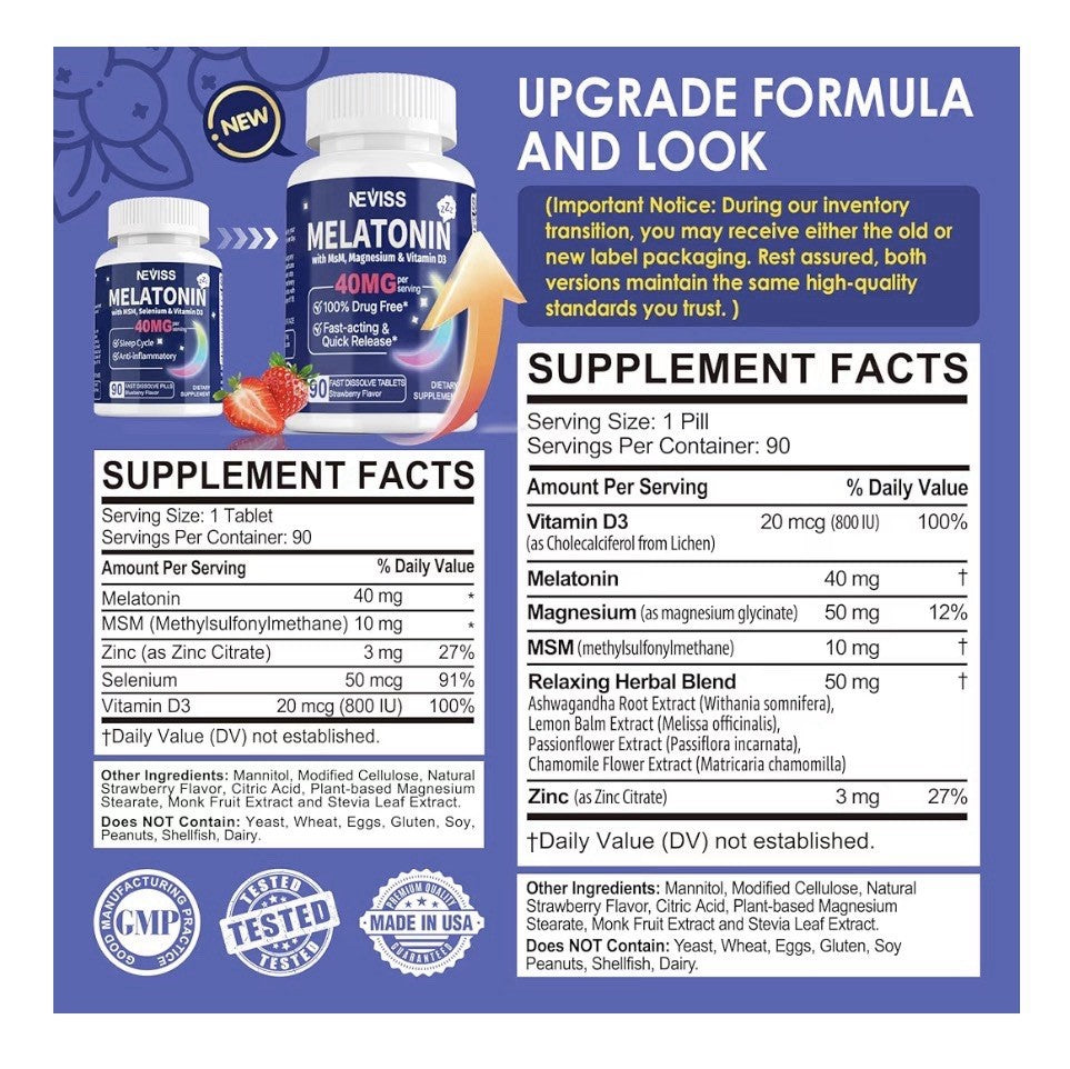 2 Pack NEVISS Melatonin 40 mg With MSM, Magnesium, Vitamin D3 Fast Acting