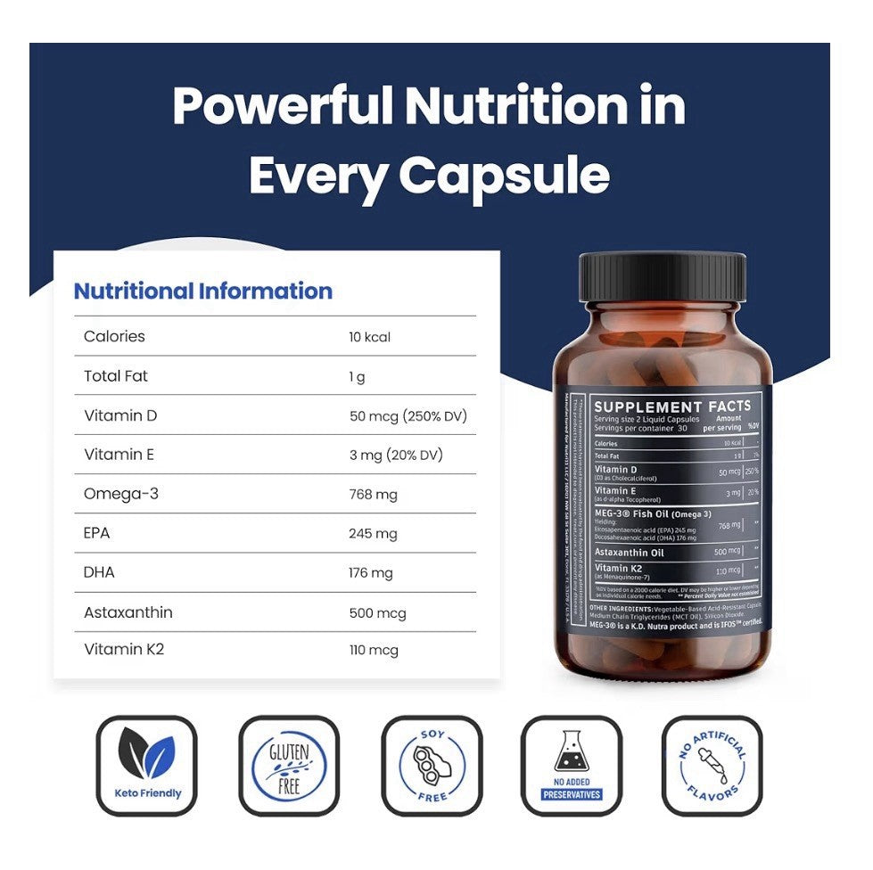 Nutri11 Omega-3 Fish Oil with Vitamin D3, K2 & Astaxanthin Body Brain Support