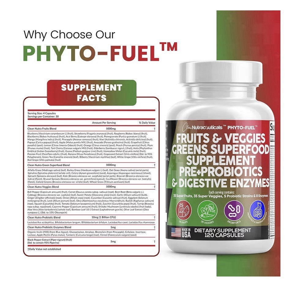 Clean Nutraceuticals Fruits and Veggies Supplement Reds & Green Superfood 120Cap