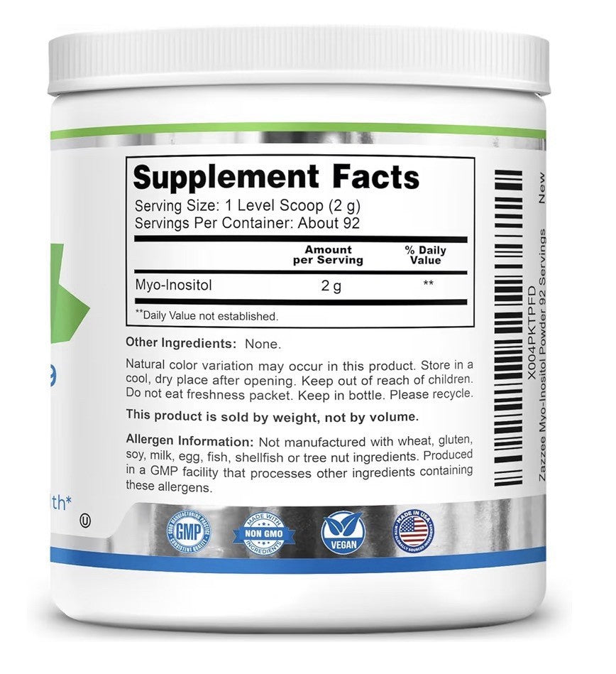Zazzee Myo-Inositol Powder Ovarian Function Overall Reproductive Health 6.49 oz