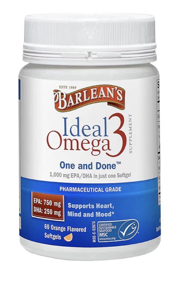 Barlean's Ideal Omega 3 Fish Oil EPA DHA Heart Mind Mood Brain Health 60softgels