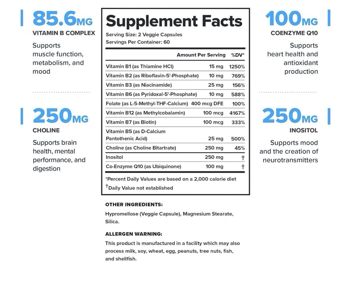 LEGION Vitamin B Complex Muscle Recovery Metabolism Mood Focus Support 120 Caps