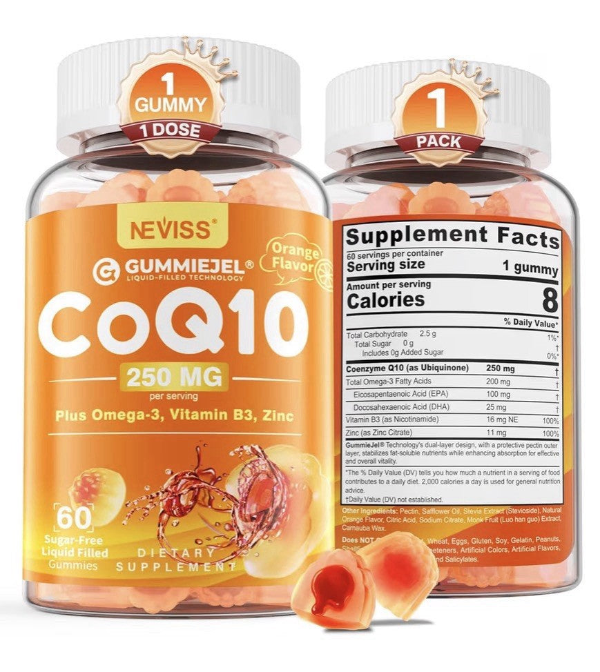2 Pack Neviss CoQ10 250mg Gummies Plus Omega-3 Vitamin B3 Zinc EPA DHA