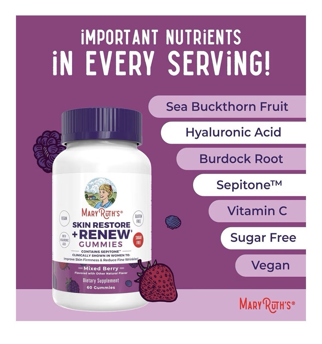 MaryRuth's Skin Restore + Renew Gummies With Hyaluronic Acid Skin Hydration 60g