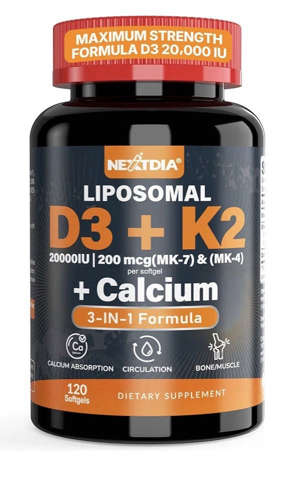2 Pack Nextdia Liposomal D3 + K2 (MK4 & MK7) + Calcium Bone Muscle Circulation