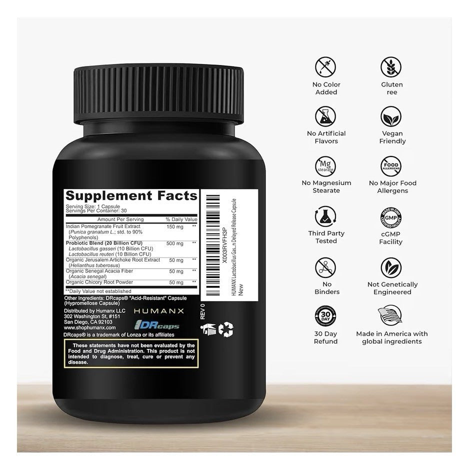 HUMANX Lactobacillus Gasseri & Reuteri+ 20 Billion CFU Organic Probiotics 30caps