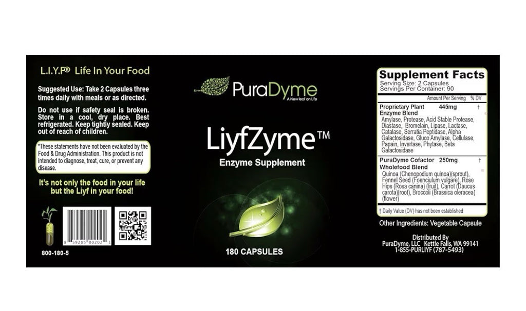 PuraDyme LiyfZyme Plant Based Digestive Enzyme Supplement 180 Veggie Capsules