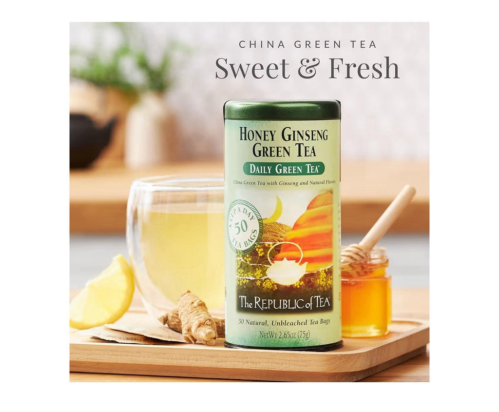 The Republic of Tea Honey Ginseng Green Tea 50 Tea Bags Tin Flavored Caffeinated