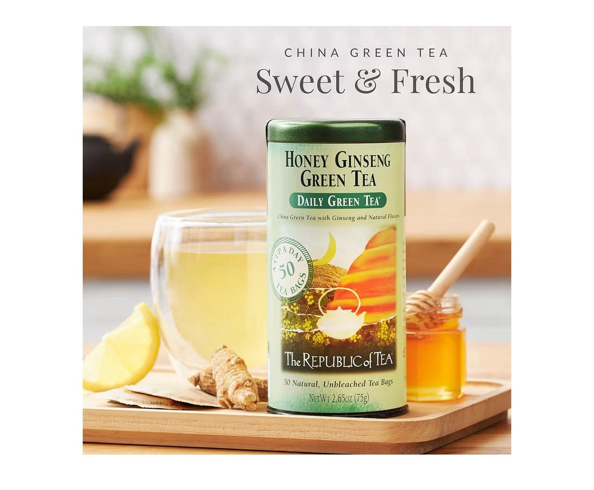 The Republic of Tea Honey Ginseng Green Tea 50 Tea Bags Tin Flavored Caffeinated