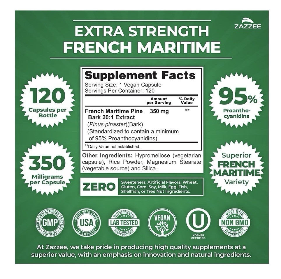 Zazzee French Maritime Pine Bark 95% Proanthocyanidins 4Month Supply 120Capsules