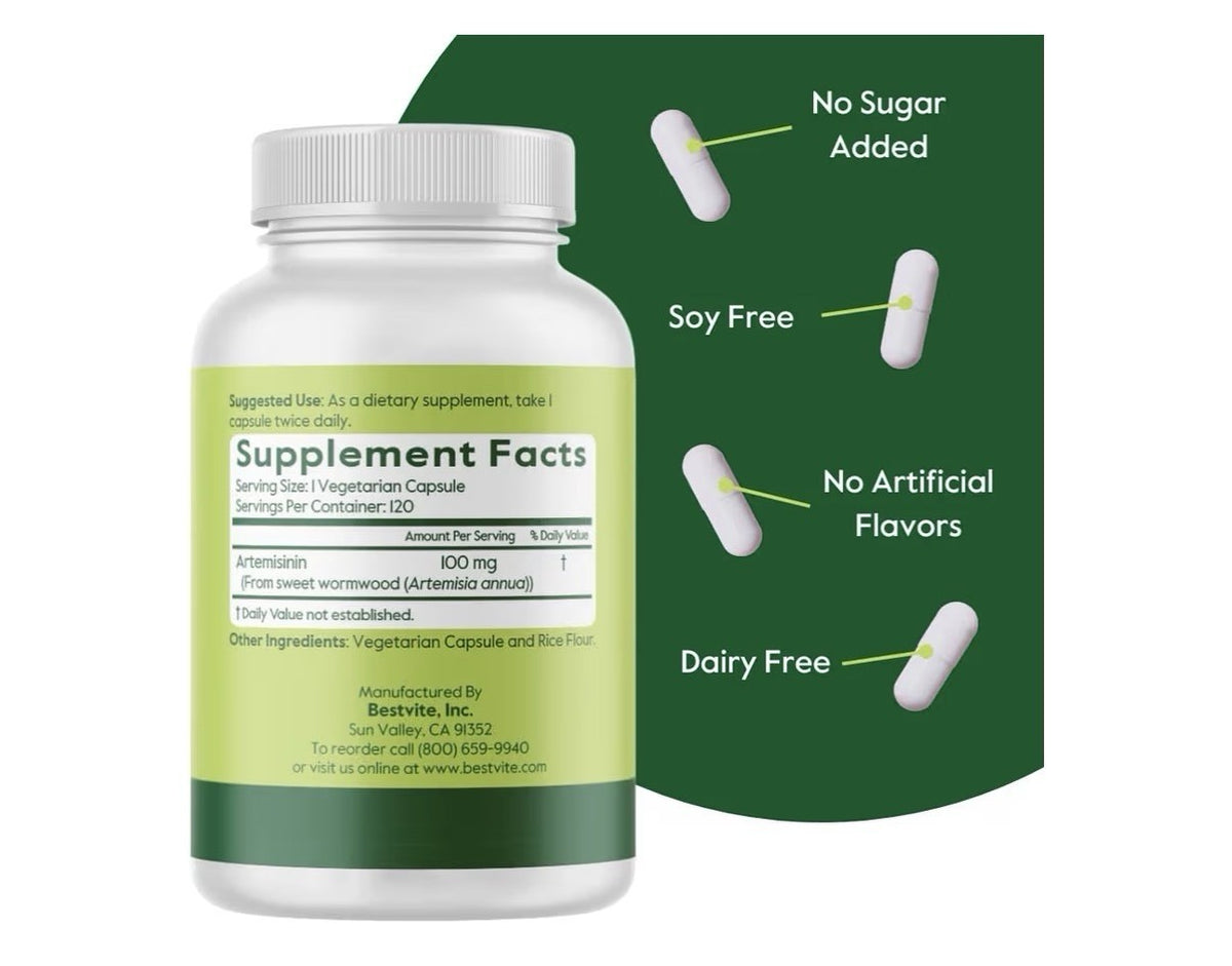 BESTVITE Artemisinin Pure 100 mg Per Capsule 2 Pack 120 Vegetarian Capsules Each
