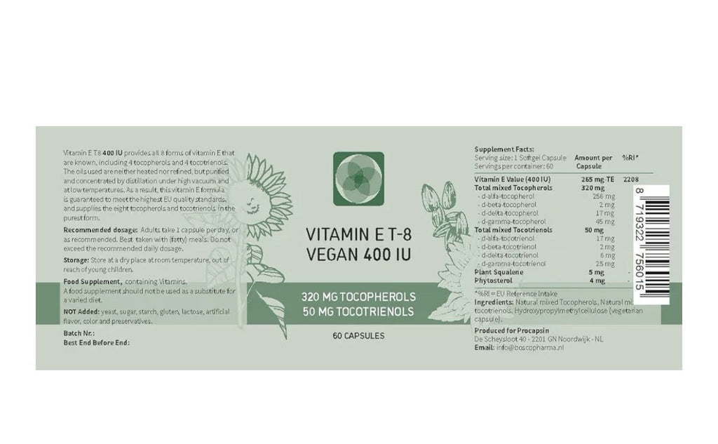 Procapsin Vitamin E T-8 Vegan 400 IU Mixed Tocopherols & Tocotrienols 60Capsules