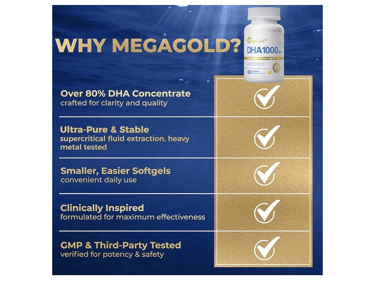 MegaGold DHA 1000 Fish Oil Omega 3 Supplement Brain Visual Function Support 60sg
