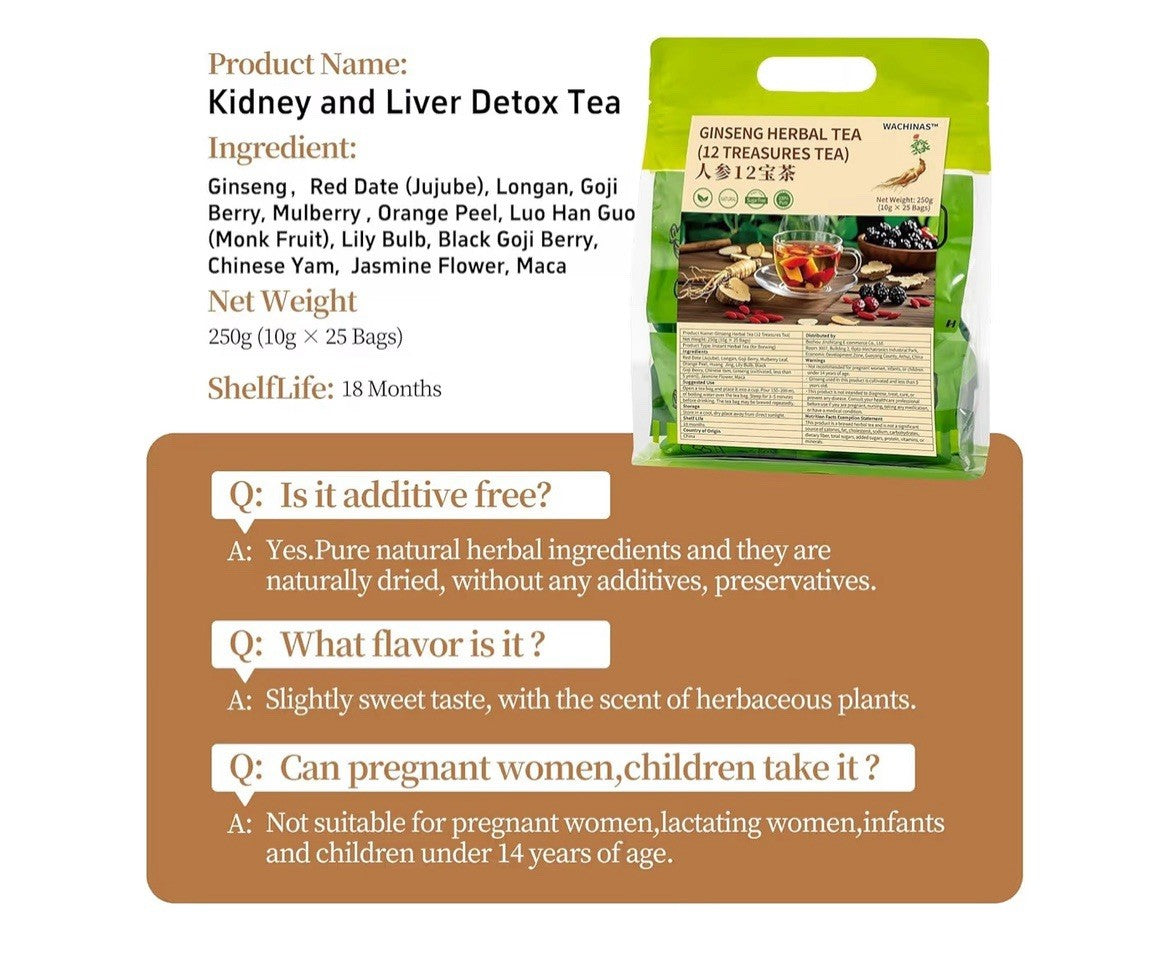 Ginseng Tea 12 Treasures Tea Kidney and Liver Detox Cleanse Tea 50 TBag Wachinas