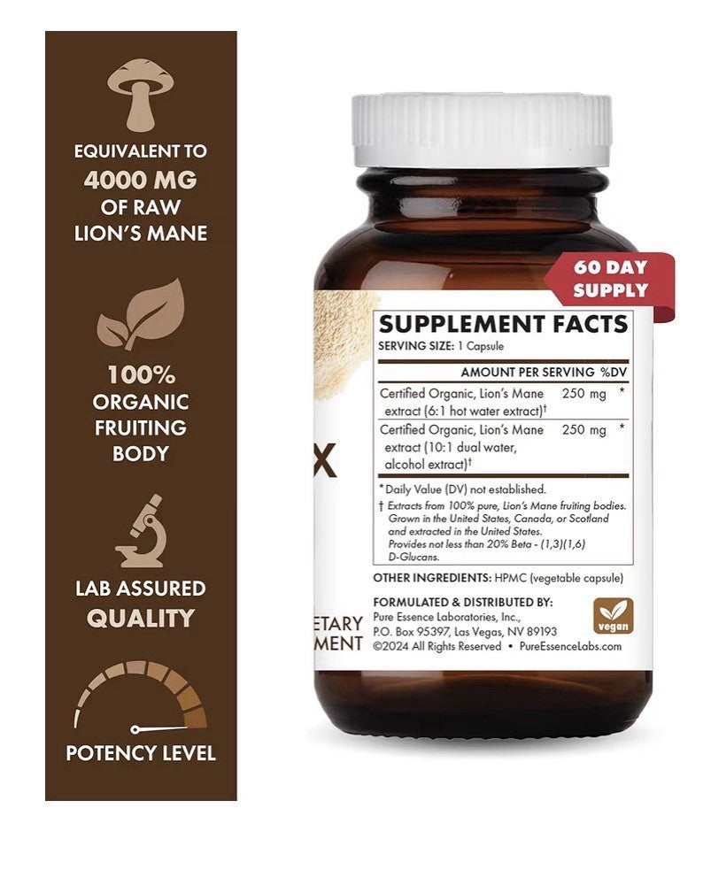 PURE ESSENCE LABS MyPure Lion's Mane 8X Max Strength Brain Focus Support 60 Caps