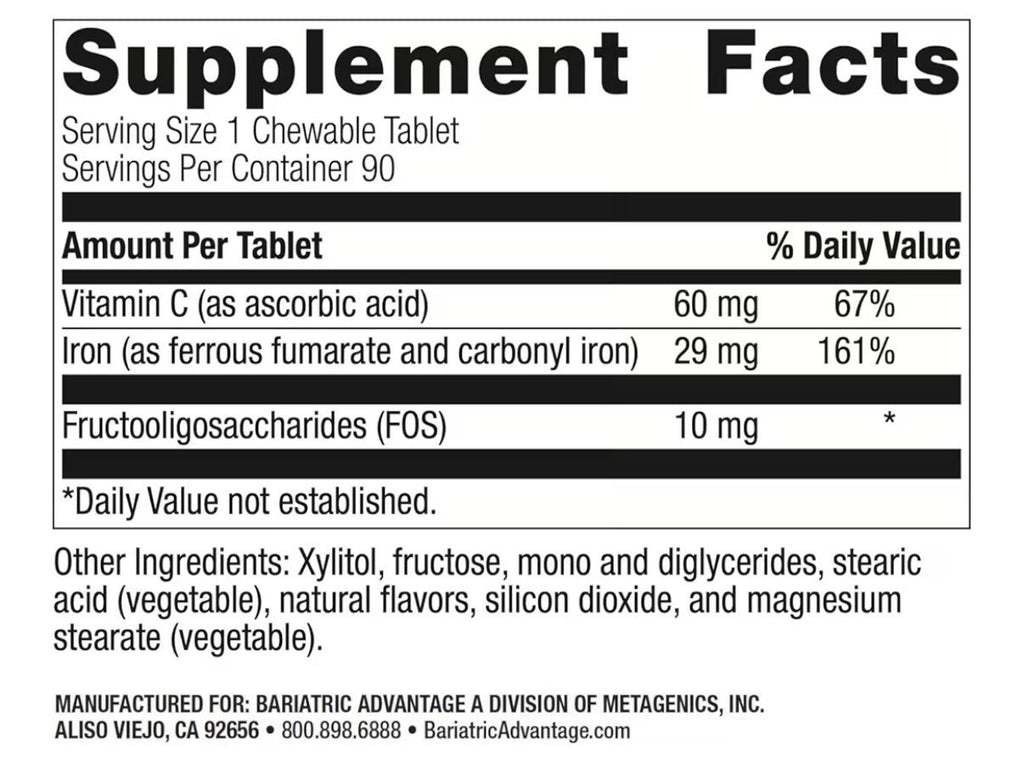 Bariatric Advantage Chewable Iron 29 mg for Bariatric Surgery Patients 90Tablets