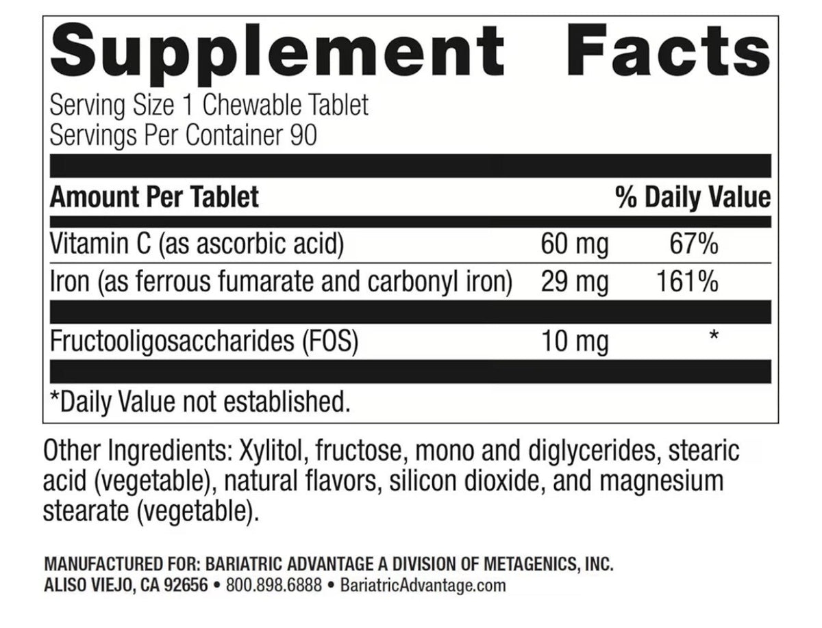 Bariatric Advantage Chewable Iron 29 mg for Bariatric Surgery Patients 90Tablets