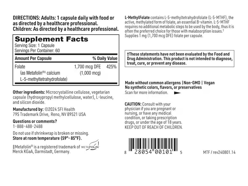 SFI Health L-Methylfolate Bioavailable Folate as Metafolin 1000 mcg 60 Capsules
