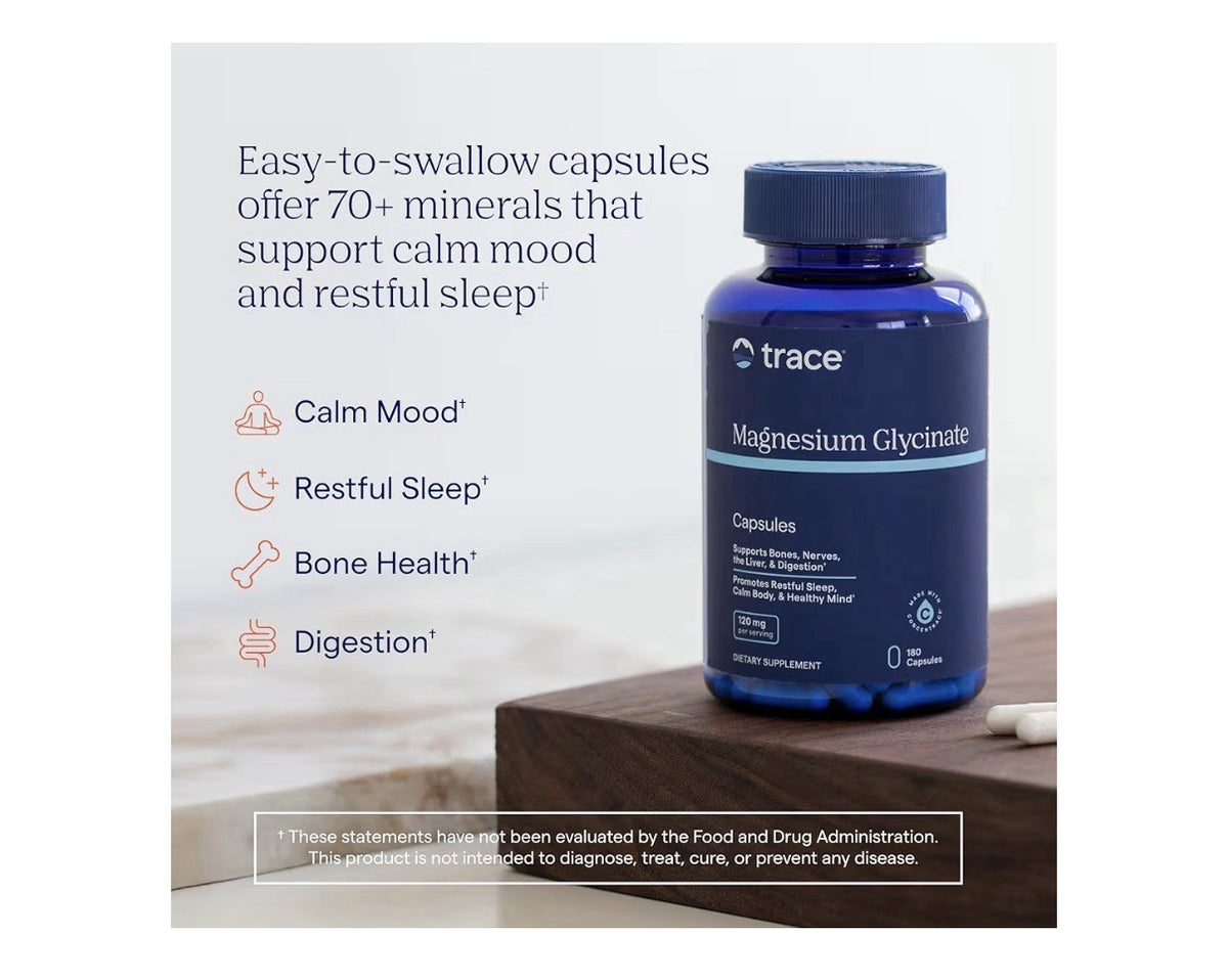Trace Minerals Magnesium Glycinate Gentle Healthy Bones Nerve Mind Sleep 180Caps