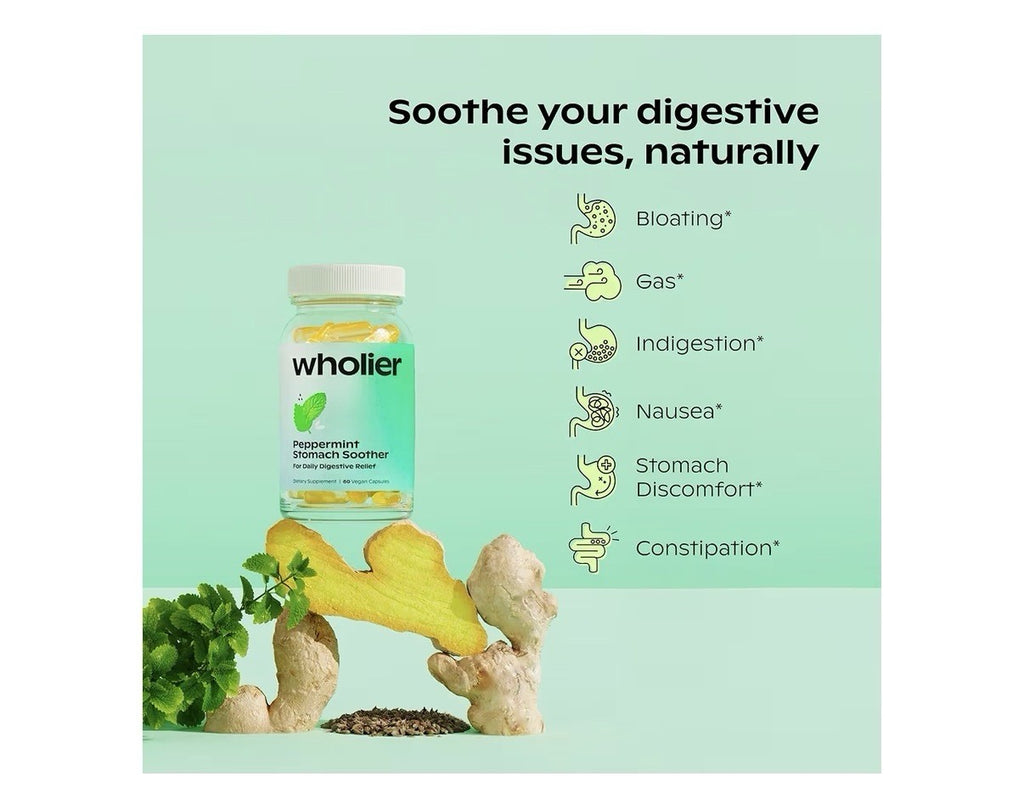 wholier Peppermint Stomach Soother Daily Digestive Relief Bloating Nausea 60caps