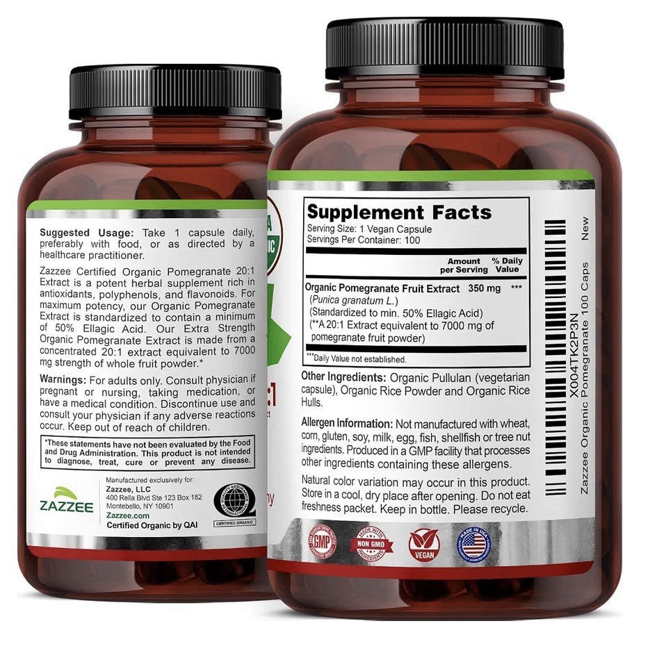 Zazzee Organic Pomegranate 50% Ellagic Acid Immune System Support 100 Capsules