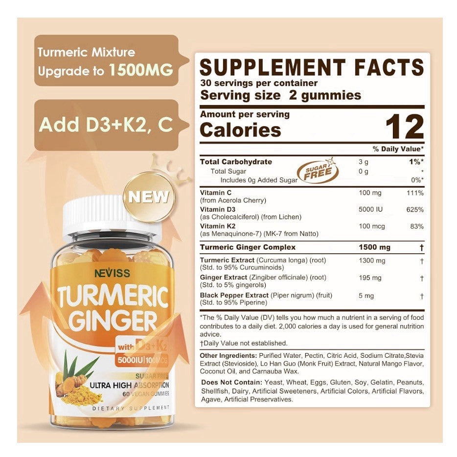 Neviss Turmeric Ginger Gummies with Vitamin D3 K2 For Women & Men 60 Gummies