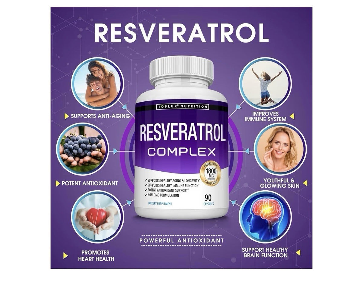 Toplux Resveratrol Complex 1800 mg Helathy Aging Longevity Antioxidant 90capsule