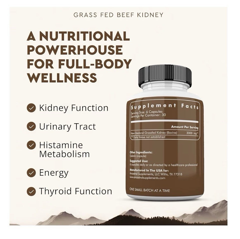 Ancestral Supplements Kidney Grass Fed Beef Supplement Pasture Raised 180capsule