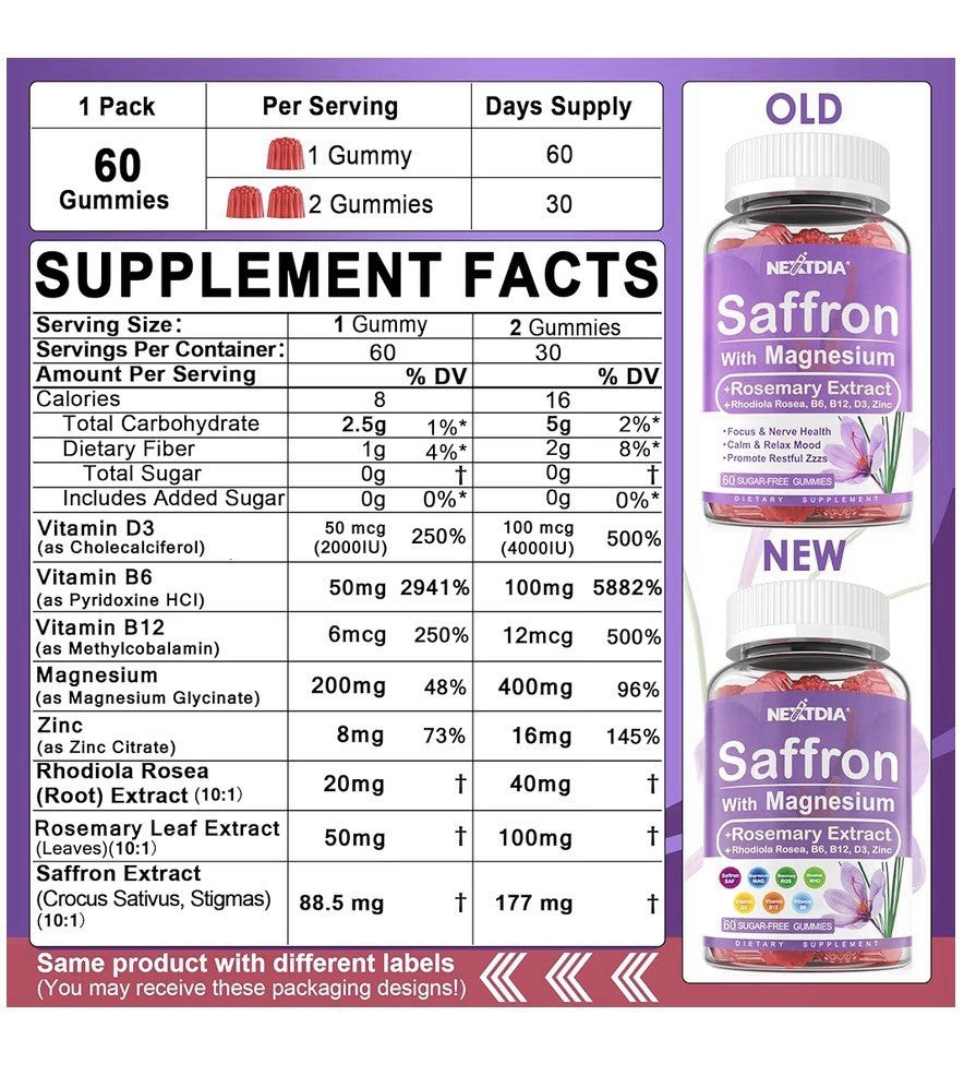 2 Pack Nextdia Saffron with Magnesium + Rosemary Extract 4 Months Supply Gummies