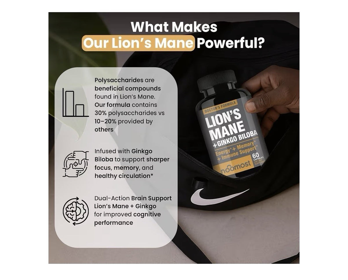 NooMost Lions Mane Mushroom Supplement 1080mg Energy Memory Immune Support 60cap