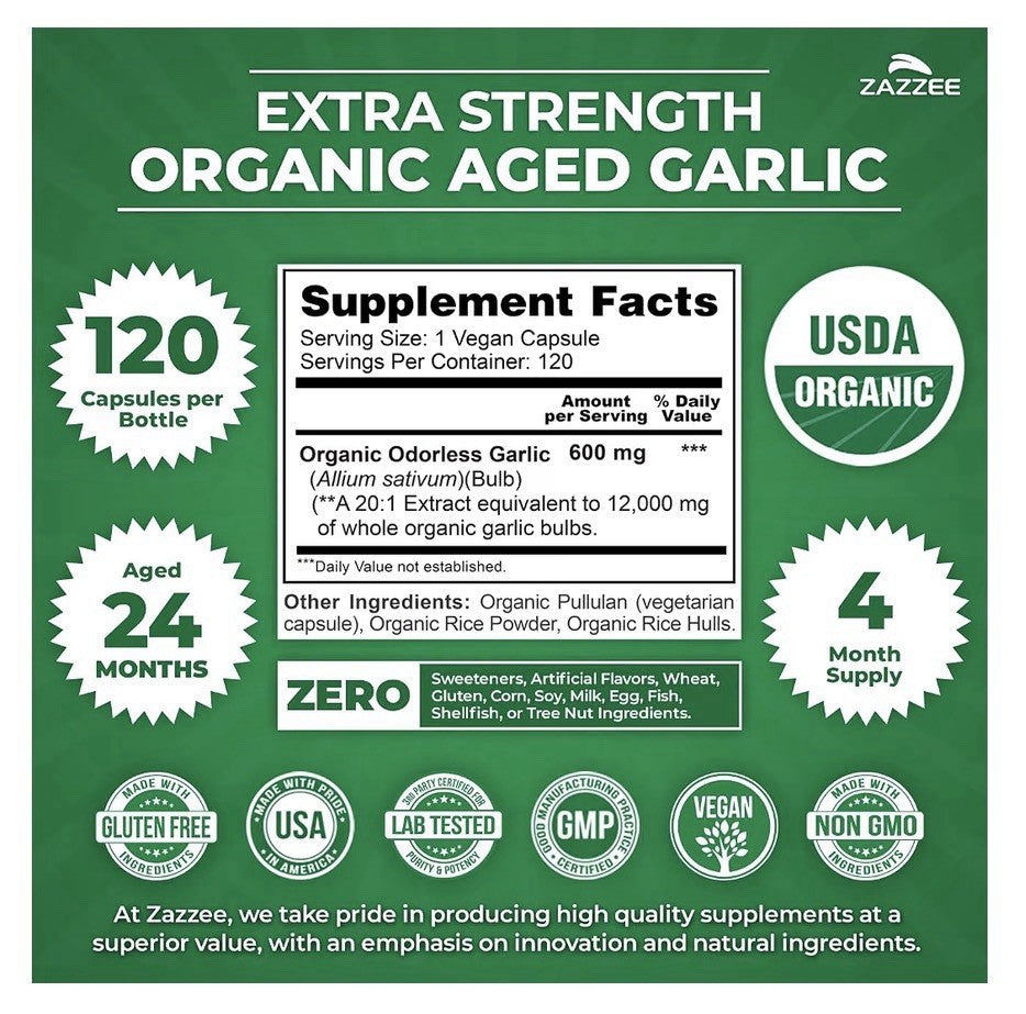 Zazzee Organic Aged Garlic Extract Aged 24 Months Immune Circulation 120capsules