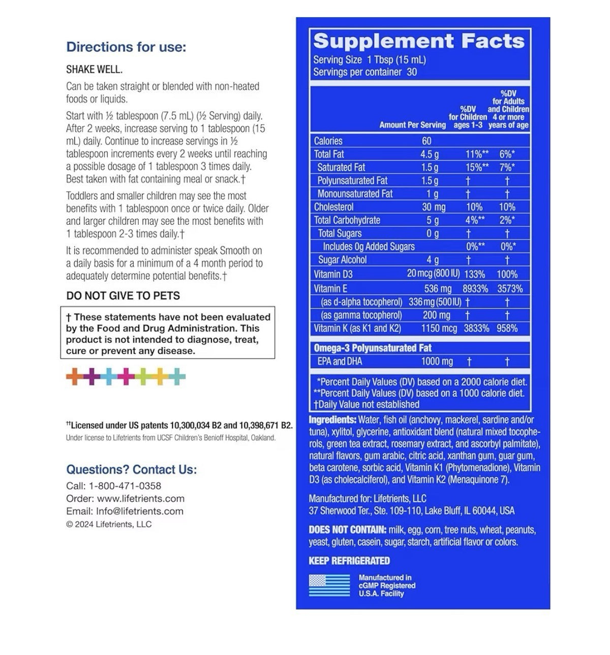 Lifetrients Speak + D Smooth Omega-3 + Vitamin E Vitamin D3 For Children 15.2oz