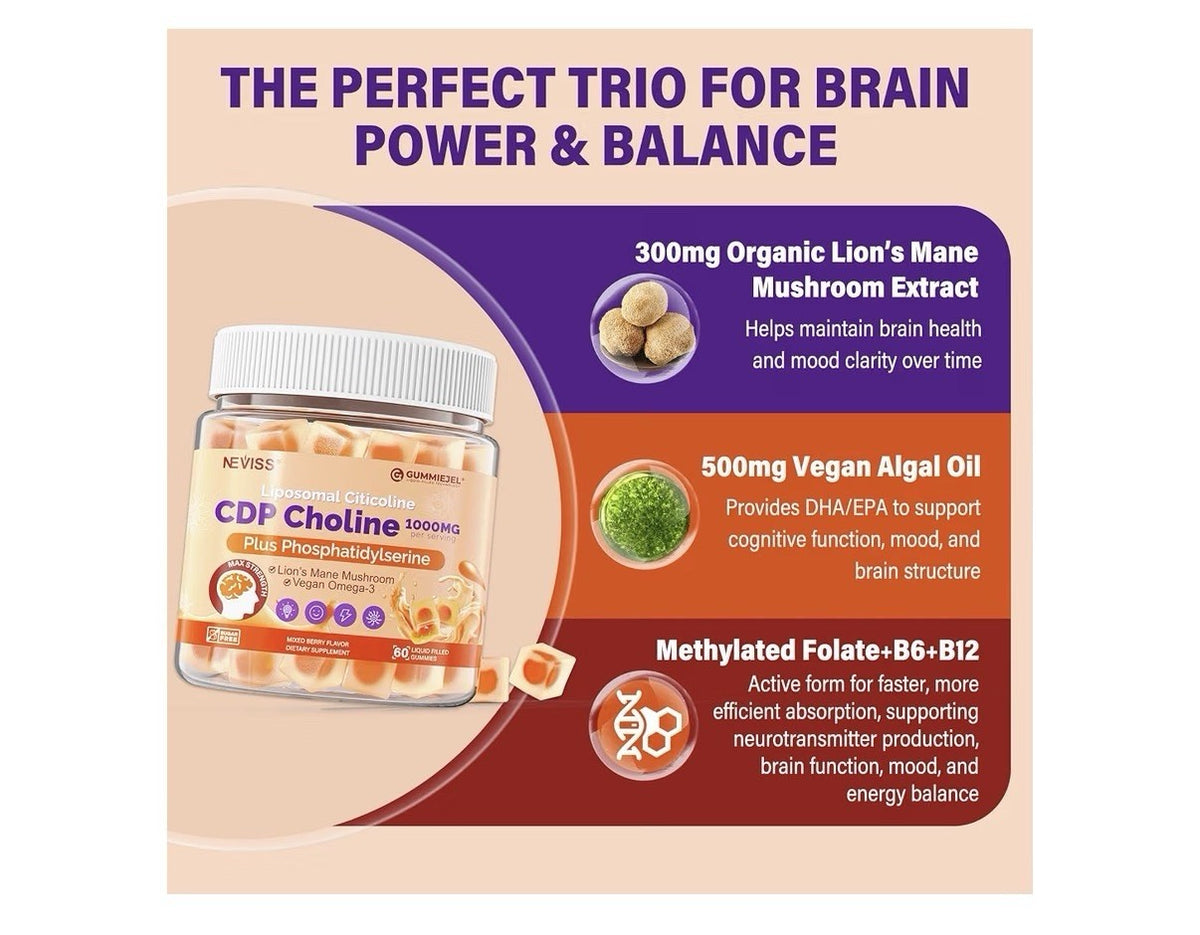 NEVISS Citicoline CDP Choline 1000mg Plus Phosphatidylserine 60 Gummies