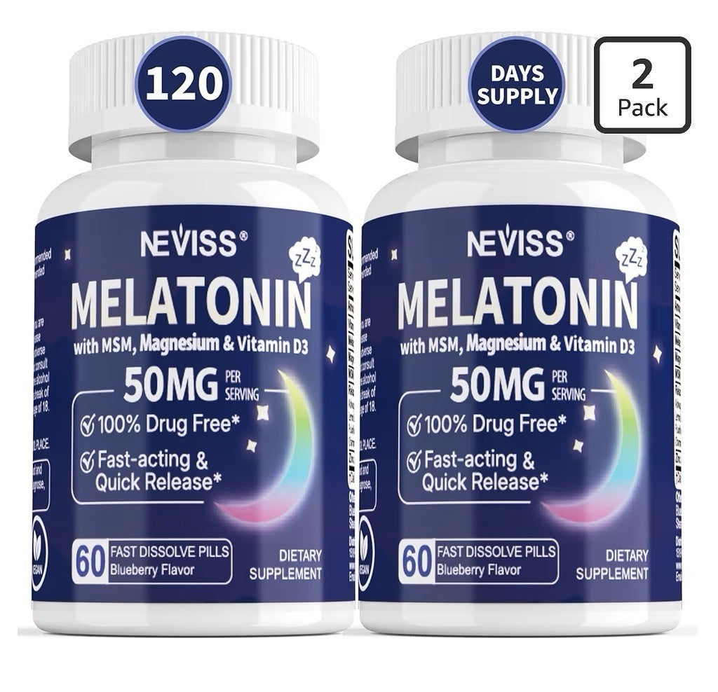 2 Pack NEVISS Melatonin 50 mg With MSM, Magnesium, Vitamin D3 Fast Acting