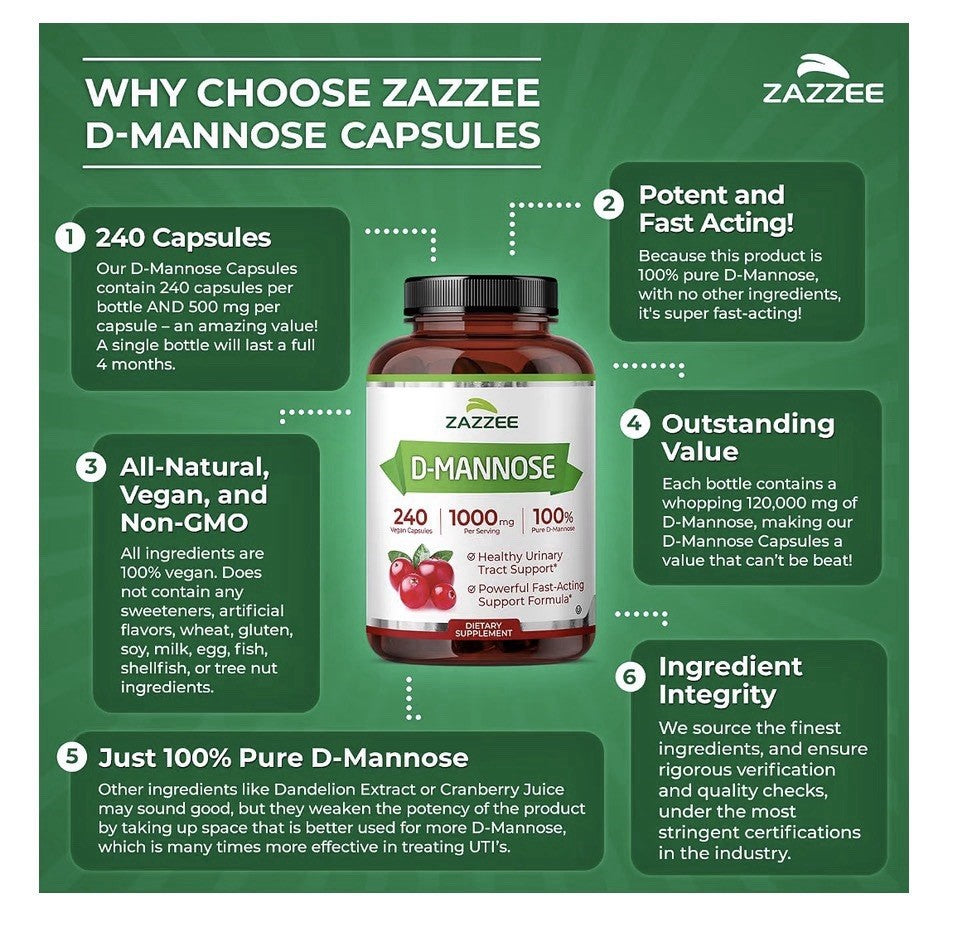 Zazzee D-Mannose Healthy Urinary Tract Support 4 Month Supply 240 Capsules
