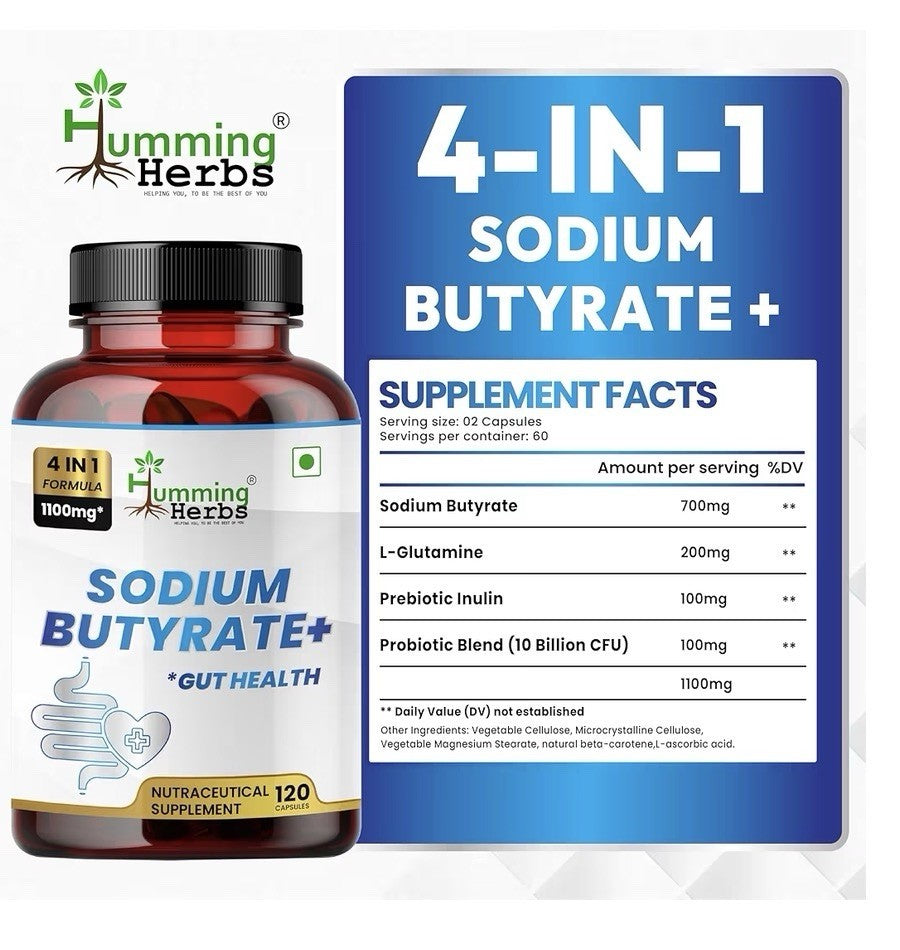 Humming Herbs Sodium Butyrate+ 4-in-1 Digestive Support Gut Health 120 Capsules