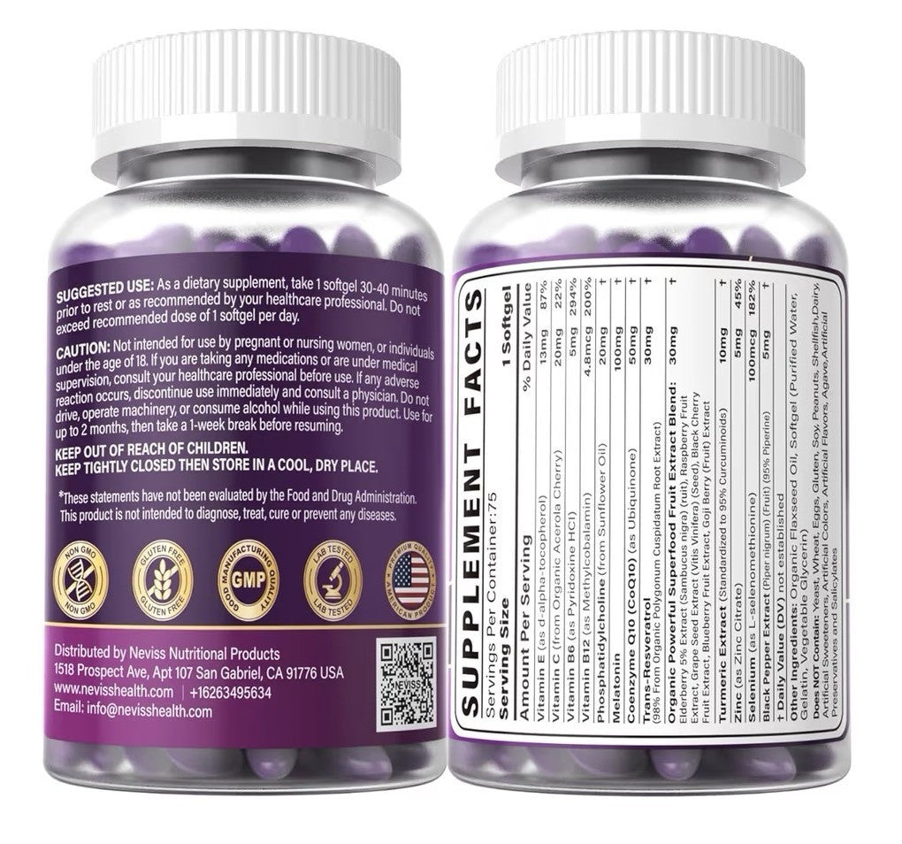 NEVISS Melatonin 100mg Super Antioxidant Cognitive Health Anti-Aging 75 Softgels
