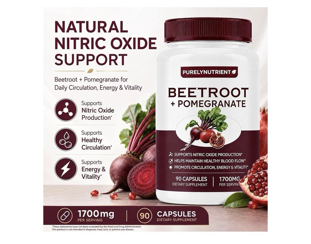 PURELYNUTRIENT Beetroot + Pomegranate Nitric Oxide Blood Flow Support 90 Capsule