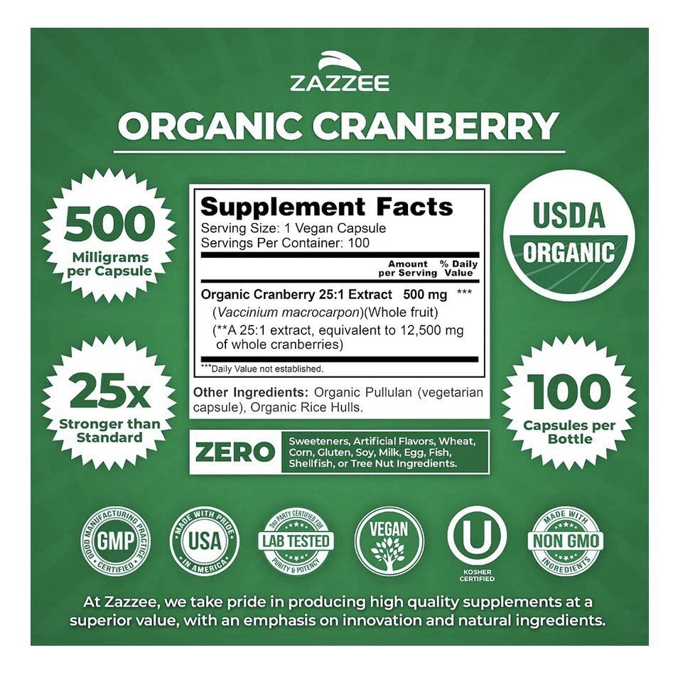 Zazzee Organic Cranberry Healthy Urinary Tracy Support 100 Day Supply 100Capsule