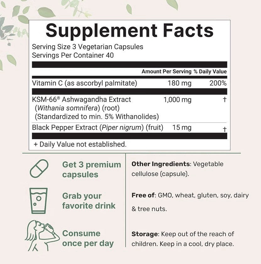 Micro Ingredients KSM-66 Ashwagandha 1,000mg Per Serving 120 Vegetarian Capsules