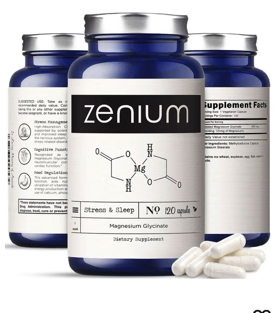 Zenium Magnesium Glycinate Sleep Calm Mind Support Stress relief Natural 120Caps