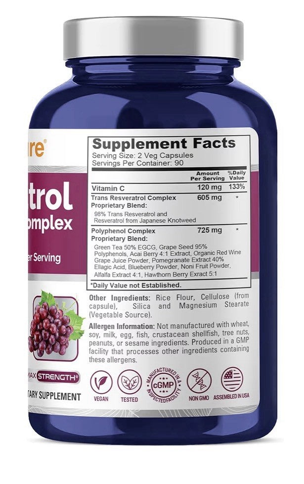 NusaPure Resveratrol & Polyphenol Complex 1450mg 180 Capsules 90 Servings