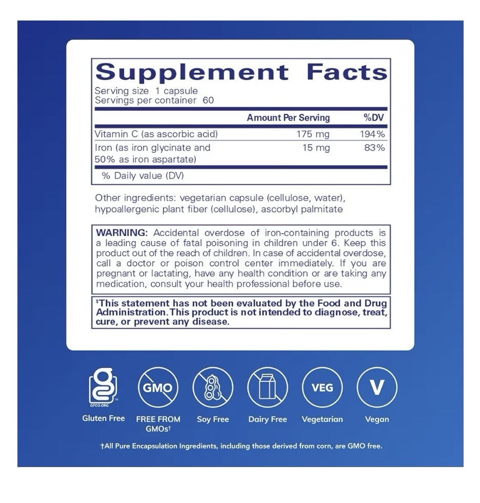 Pure Encapsulations Iron-C 15 mg 175 mg Vitamin C Red Blood Cell Support 60 Caps