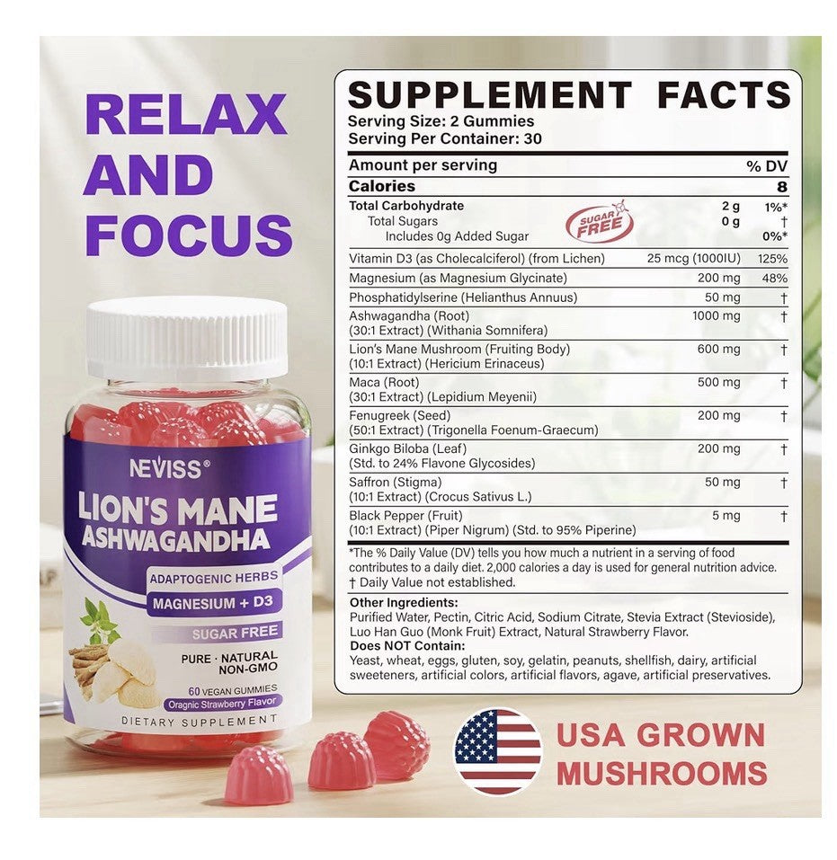 Neviss Lion’s Mane Ashwagandha Calm Cortisol Manager Women & Men 2 Pack Gummies