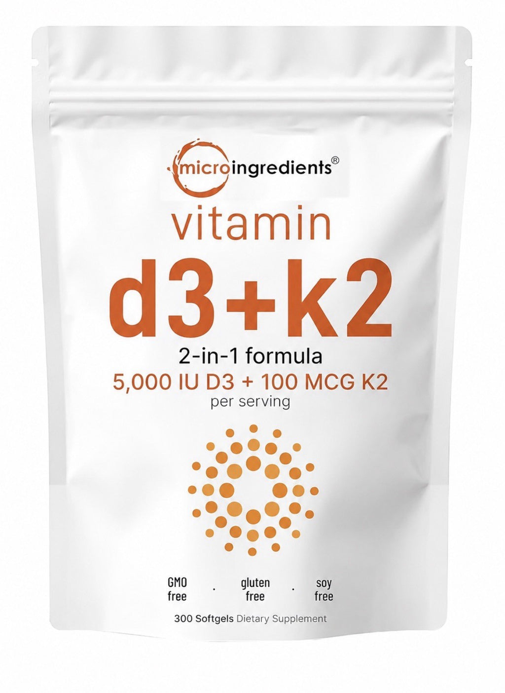 Micro Ingredients Vitamin D3 + K2 MK-7 5,000 IU D3 Per Serving 300 Softgels