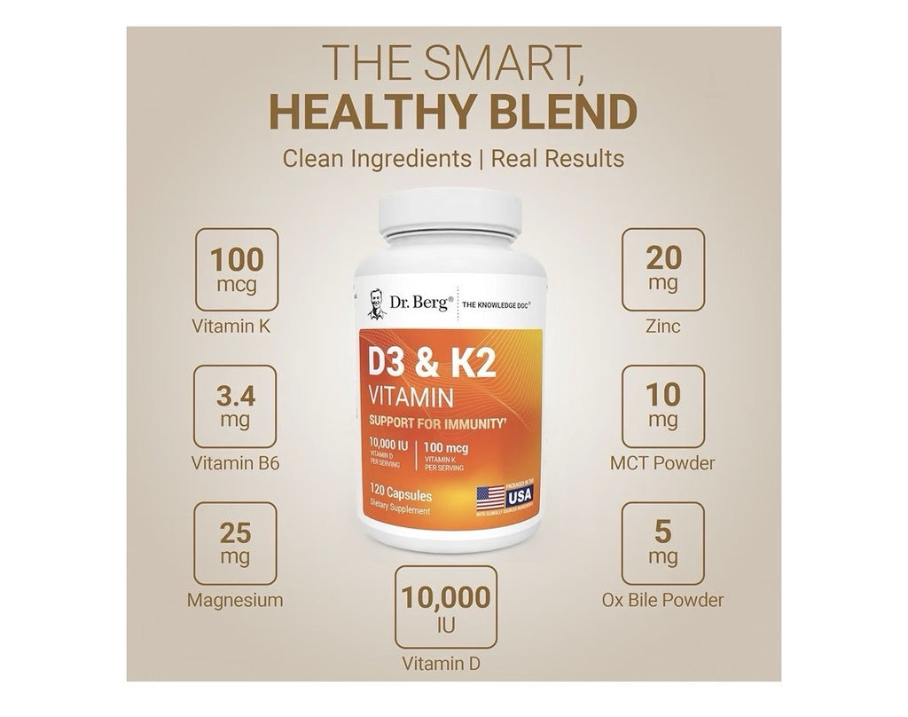 Dr. Berg D3 & K2 Support For Immunity 10,000 IU Vitamin D 100 mg Vitamin K 120ca