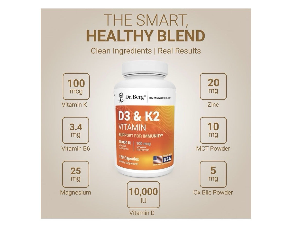 Dr. Berg D3 & K2 Support For Immunity 10,000 IU Vitamin D 100 mg Vitamin K 120ca