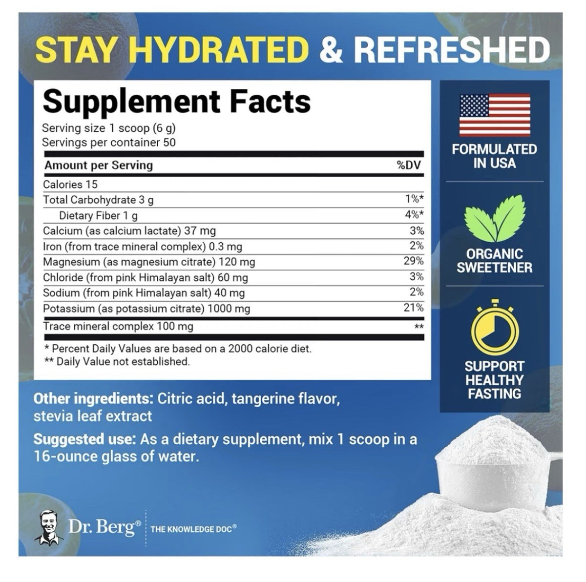 Dr. Berg Electrolyte Powder Tangerine Flavor Keto Friendly 50 Servings Drink Mix