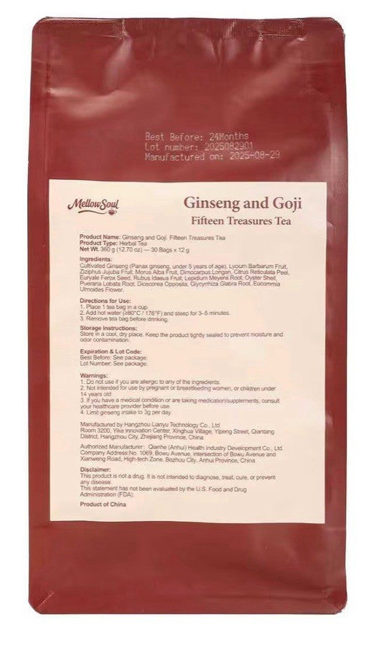 MellowSoul Ginseng Fifteen Treasure Tea Herbal Kidney Liver Cleanse Detox 30TBag